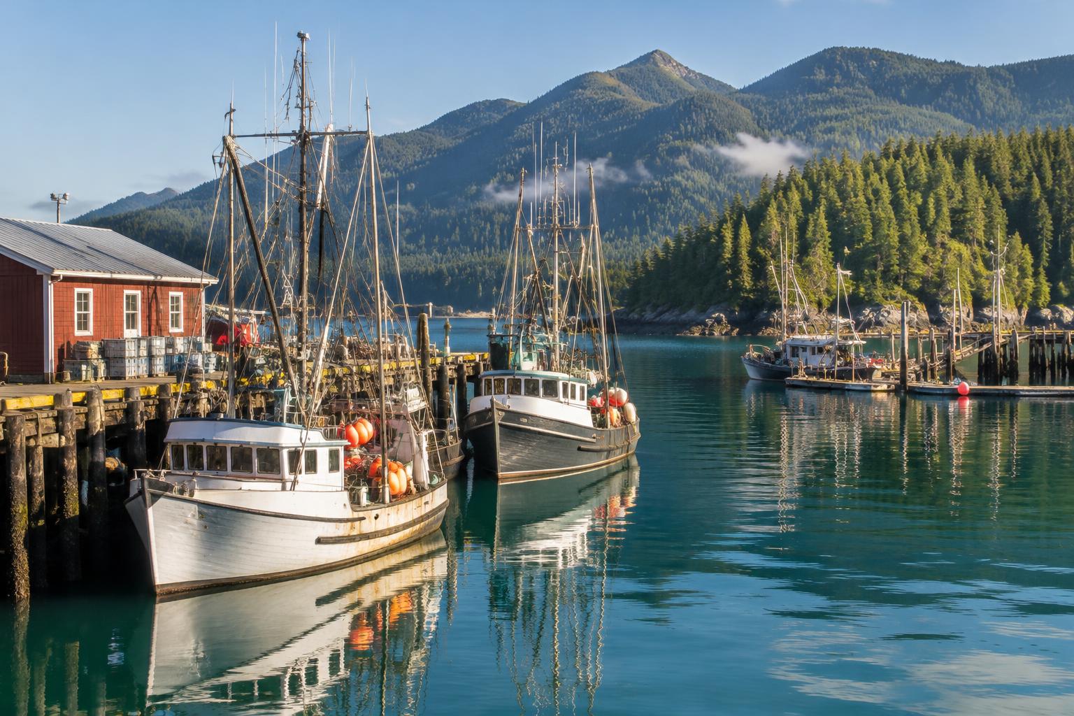 Fishing vessels and forested mountains at a British Columbia-inspired harbour